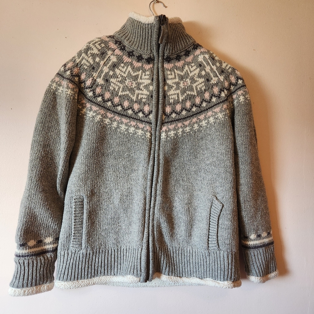 Sunice Stormpack Nordic Fair Isle Zip Knit Sweater Jacket Sherpa Lined Grey S